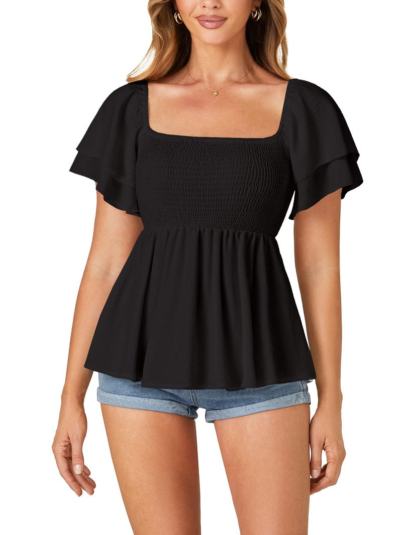 LYANER Women's Square Neck Smocked Peplum Top Ruffle Short Sleeve Babydoll Shirred Blouse Black Small - Image 5