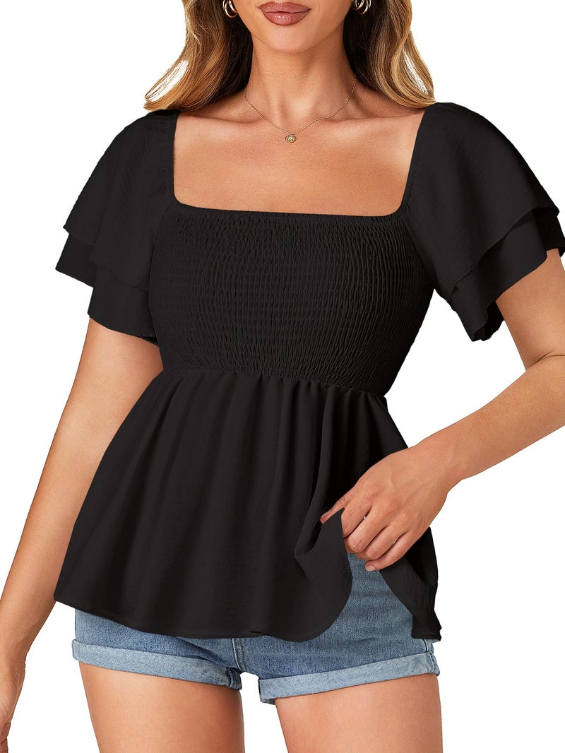 LYANER Women's Square Neck Smocked Peplum Top Ruffle Short Sleeve Babydoll Shirred Blouse Black Small - Image 1