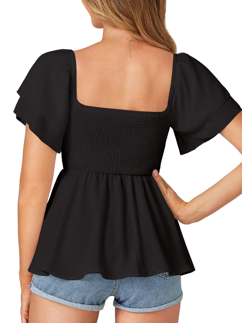 LYANER Women's Square Neck Smocked Peplum Top Ruffle Short Sleeve Babydoll Shirred Blouse Black Small - Image 2