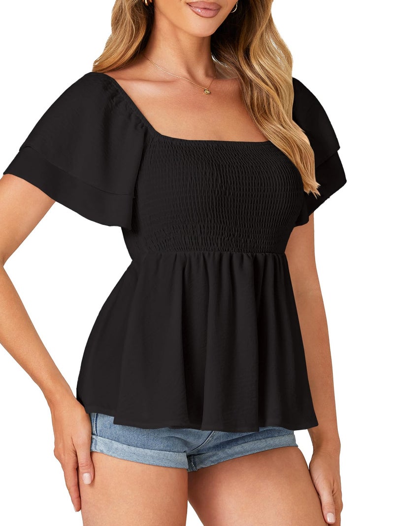 LYANER Women's Square Neck Smocked Peplum Top Ruffle Short Sleeve Babydoll Shirred Blouse Black Small - Image 4