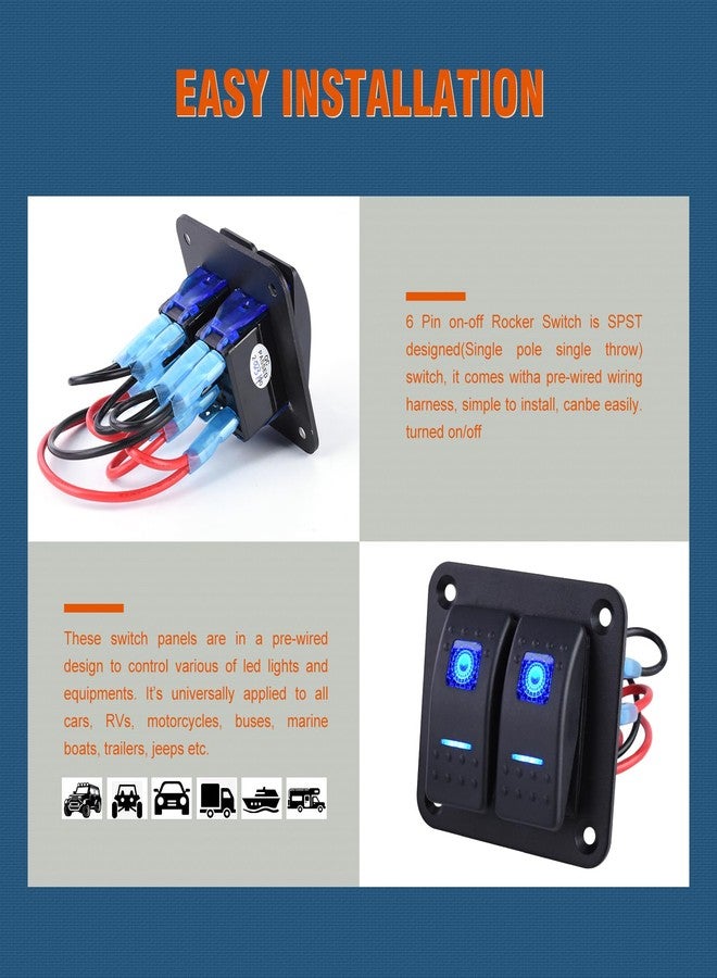 GGTA 2 Gang Rocker Switch Panel Aluminum Waterproof 12V/24V Toggle Switch Panel, On-Off Car Boat Pre-Wired Switch for Marine Boat Automotive Car RV Truck Vehicles Blue Light (2 Gang) - Image 2