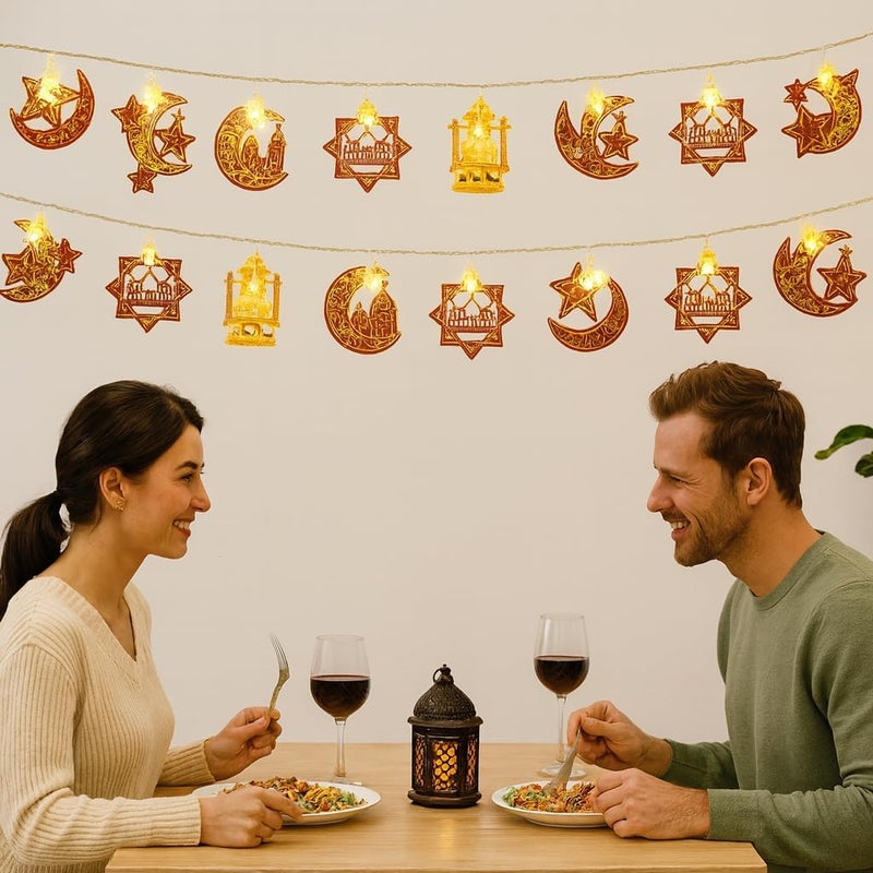 Home Icon أضواء ديكور رمضان HOME ICON، 20 لمبة LED على شكل قمر ونجوم، أضواء خرافية دافئة بيضاء تعمل بالبطارية بطول 10 أقدام لزينة المنزل في عيد الفطر ورمضان - Image 3