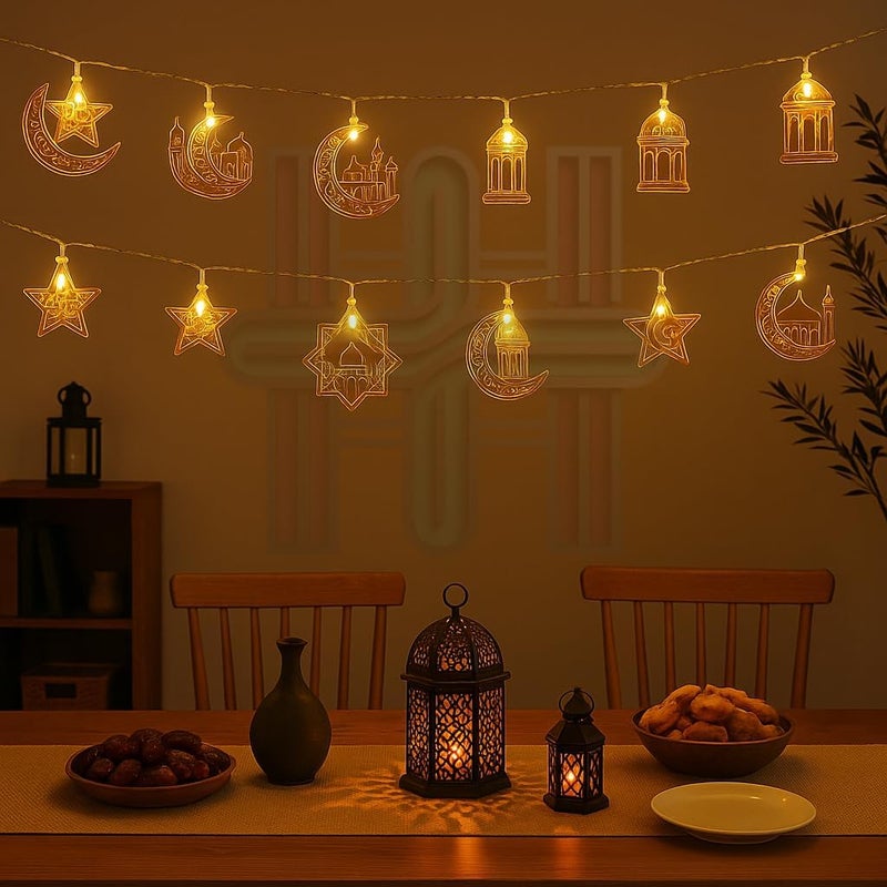 Home Icon أضواء ديكور رمضان HOME ICON، 20 لمبة LED على شكل قمر ونجوم، أضواء خرافية دافئة بيضاء تعمل بالبطارية بطول 10 أقدام لزينة المنزل في عيد الفطر ورمضان - Image 2