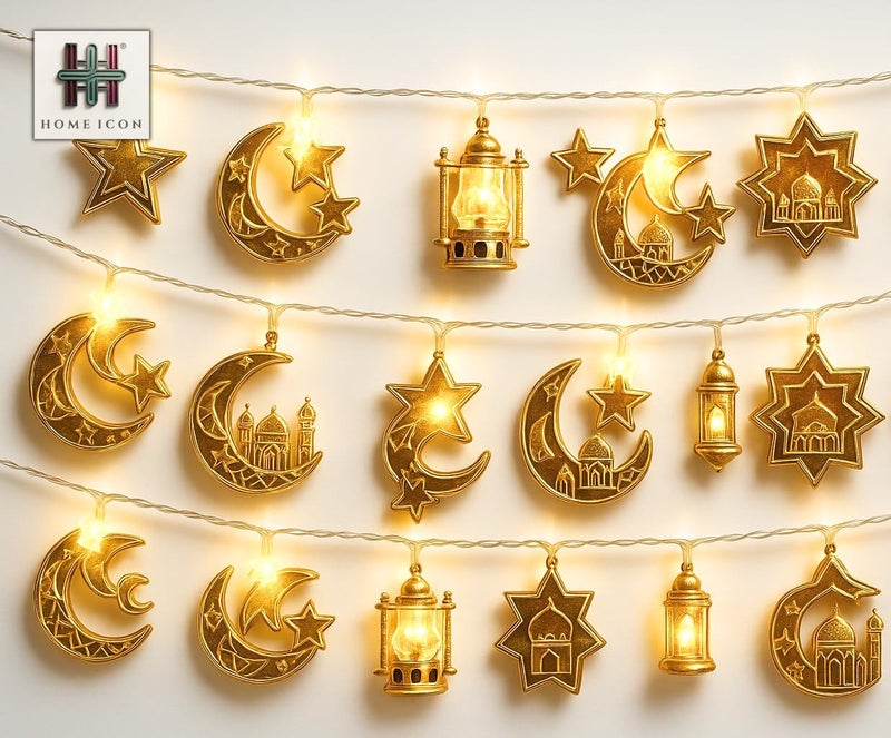 Home Icon أضواء ديكور رمضان HOME ICON، 20 لمبة LED على شكل قمر ونجوم، أضواء خرافية دافئة بيضاء تعمل بالبطارية بطول 10 أقدام لزينة المنزل في عيد الفطر ورمضان - Image 1