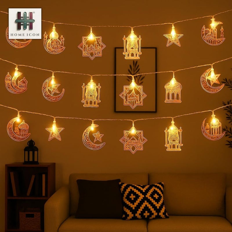 Home Icon أضواء ديكور رمضان HOME ICON، 20 لمبة LED على شكل قمر ونجوم، أضواء خرافية دافئة بيضاء تعمل بالبطارية بطول 10 أقدام لزينة المنزل في عيد الفطر ورمضان - Image 4