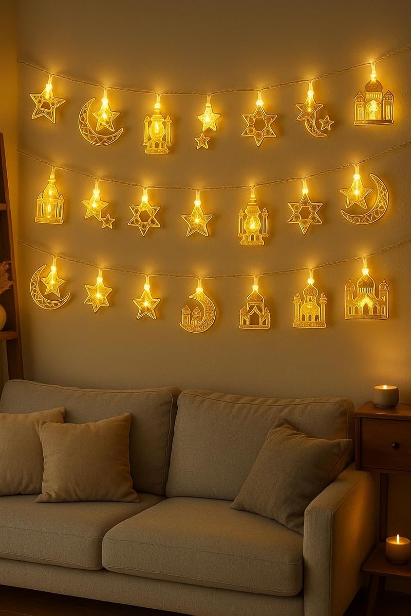 Home Icon أضواء ديكور رمضان HOME ICON، 20 لمبة LED على شكل قمر ونجوم، أضواء خرافية دافئة بيضاء تعمل بالبطارية بطول 10 أقدام لزينة المنزل في عيد الفطر ورمضان - Image 5