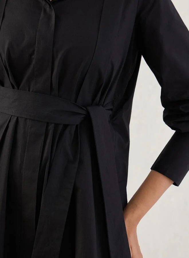 Femmella  Femmella Black Solid Poplin Pleated Shirt Mini Dress with Belted Detail for Women | Best Price UAE
