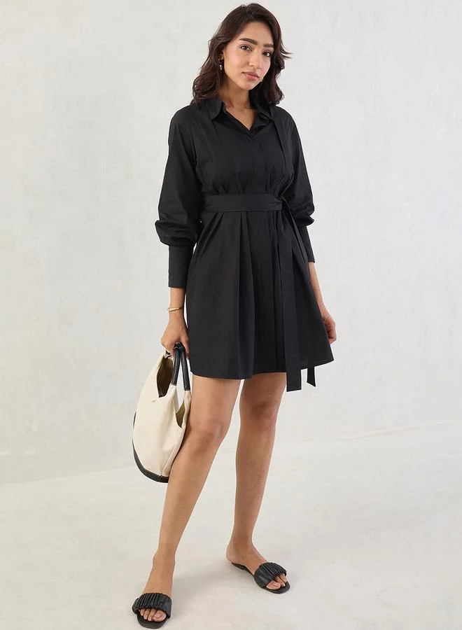 Femmella  Femmella Black Solid Poplin Pleated Shirt Mini Dress with Belted Detail for Women | Best Price UAE