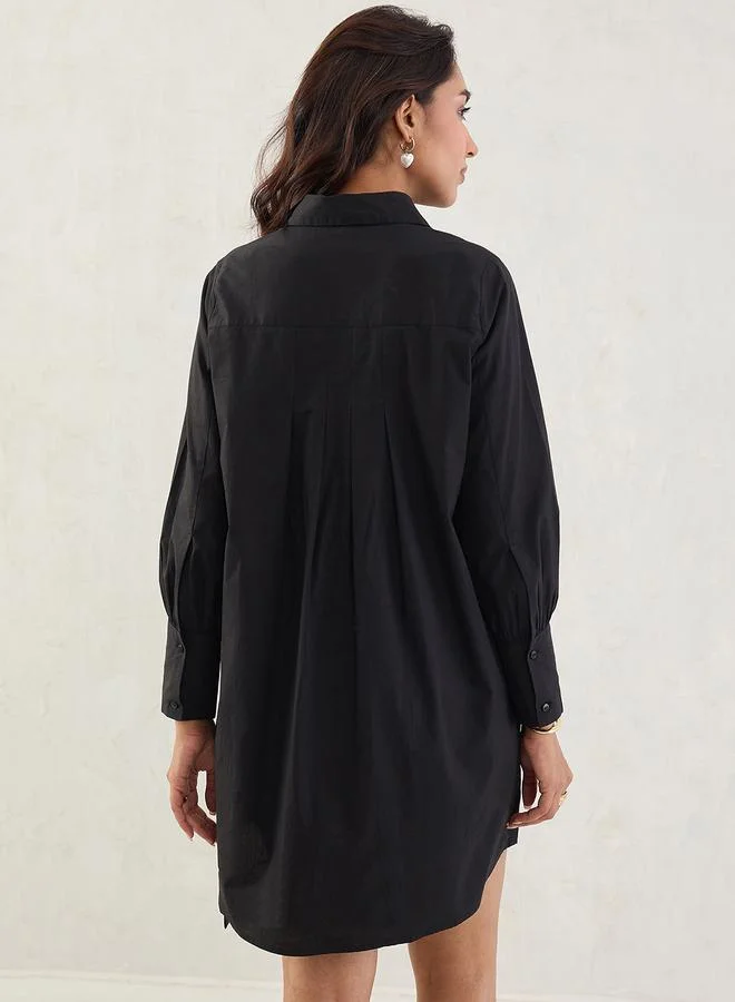 Femmella  Femmella Black Solid Poplin Pleated Shirt Mini Dress with Belted Detail for Women | Best Price UAE