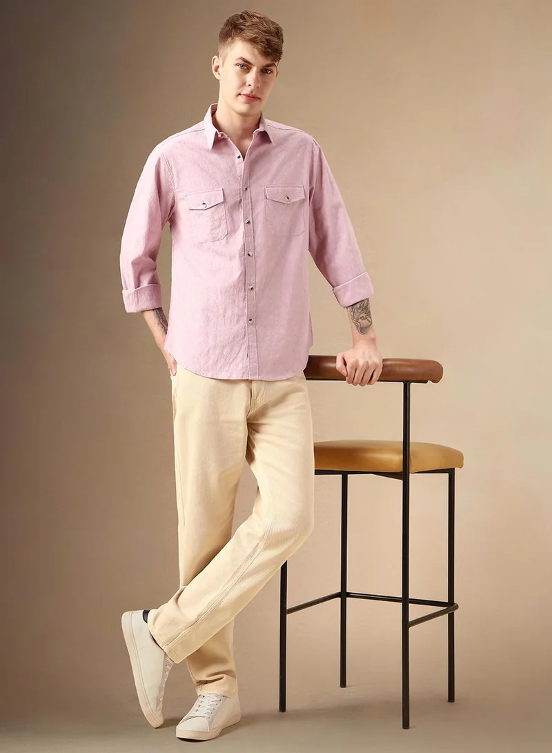 Dennis Lingo Men's Pink 100% Cotton Textured Shirt