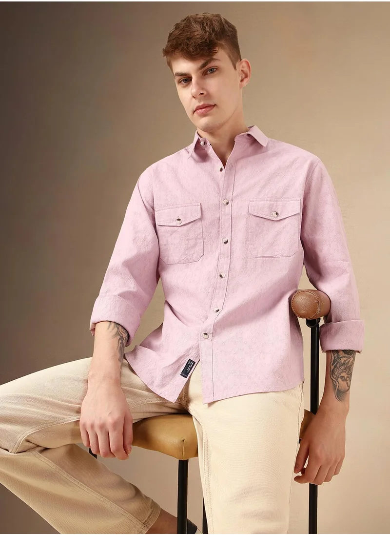 دينيس لينغو Men's Pink 100% Cotton Textured Shirt