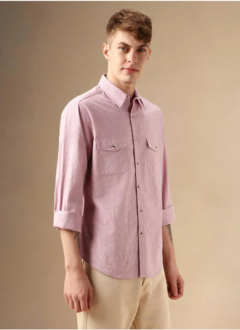 دينيس لينغو Men's Pink 100% Cotton Textured Shirt