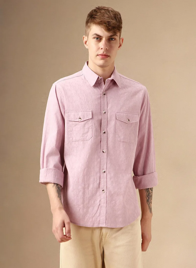 Dennis Lingo Men's Pink 100% Cotton Textured Shirt