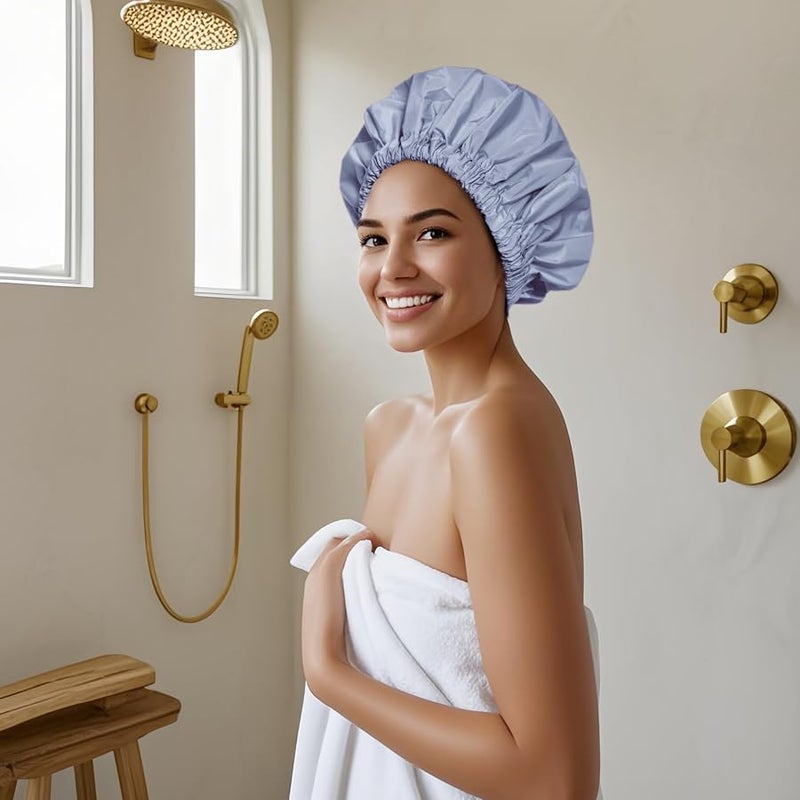 Edoneery Reusable Shower Cap for Women, Large Waterproof Shower Bonnet Washable Elastic Band Bath Hair Hat for Long Hair, Braids(Black&Gray) - Image 4
