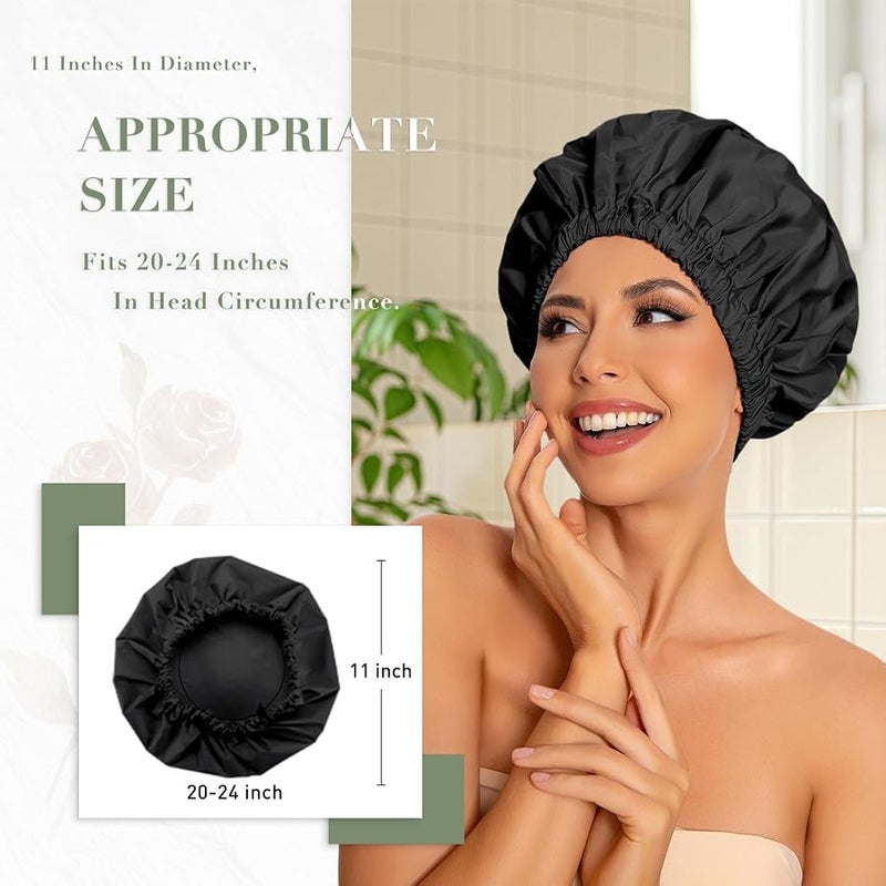 Edoneery Reusable Shower Cap for Women, Large Waterproof Shower Bonnet Washable Elastic Band Bath Hair Hat for Long Hair, Braids(Black&Gray) - Image 3