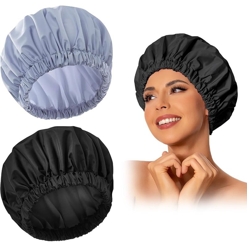 Edoneery Reusable Shower Cap for Women, Large Waterproof Shower Bonnet Washable Elastic Band Bath Hair Hat for Long Hair, Braids(Black&Gray) - Image 1