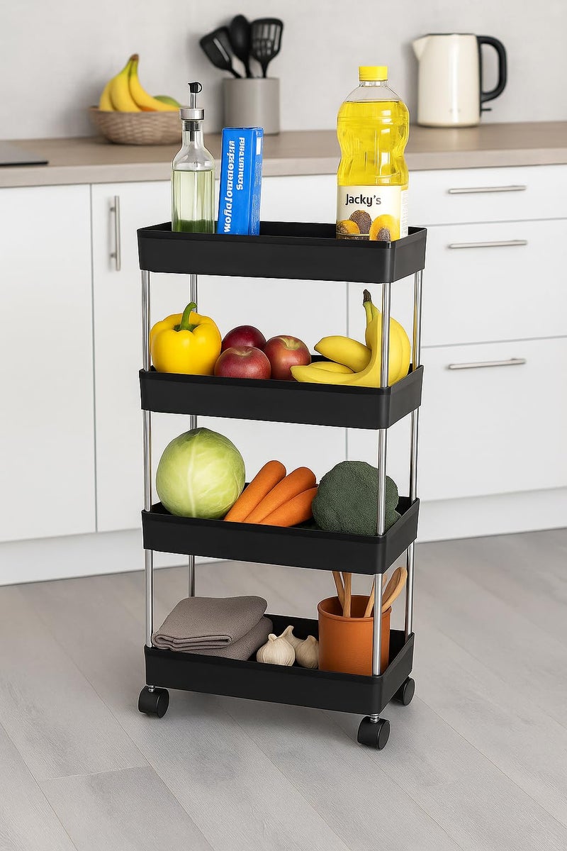 Leaffybezz 4 Layer Multipurpose Kitchen with Wheels, Space Saving Home Storage Organizer Rack Vegetable Rack Stand for Living Room, Bedroom, Office (Black) - Image 1
