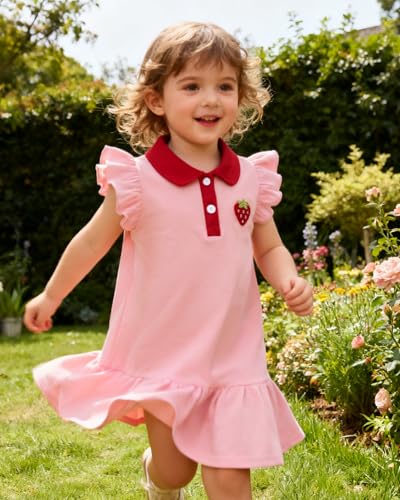 YALLET 2T 3T Playwear Dress Ruffle Sleeveless Baby Dresses Embroidery Cotton Toddler Girl Holiday Outfit Polo Girls Summer Outfits for Playdate Birthday Photo Shoots Holiday(Pink,2-3T) - Image 3