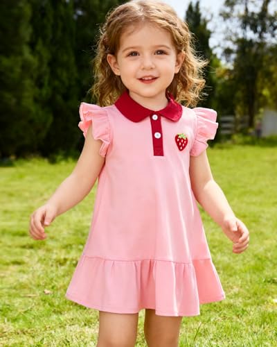YALLET 2T 3T Playwear Dress Ruffle Sleeveless Baby Dresses Embroidery Cotton Toddler Girl Holiday Outfit Polo Girls Summer Outfits for Playdate Birthday Photo Shoots Holiday(Pink,2-3T) - Image 2