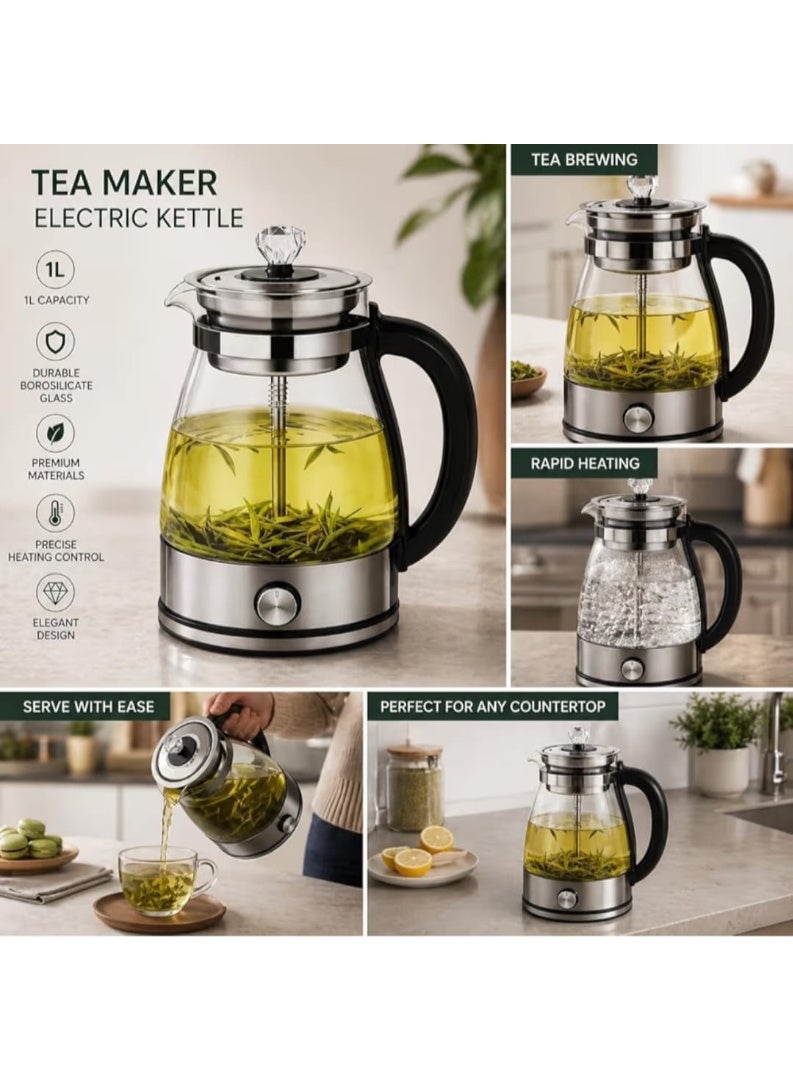Electric Tea Maker & Glass Kettle 1L, Durable Borosilicate Glass Tea Steeper Infuser with Rapid Heating & Precise Control, Elegant Crystal Lid Knob - Image 3