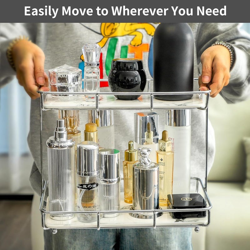 Dobbyby Bathroom Organizer Countertop Perfume Organizer Makeup Organizer Cosmetics Storage Display Rack Vanity Tray Dresser Stainless Steel Gold Shelf White Marble Ceramic Tray (2 Tier L-Sliver) - Image 3