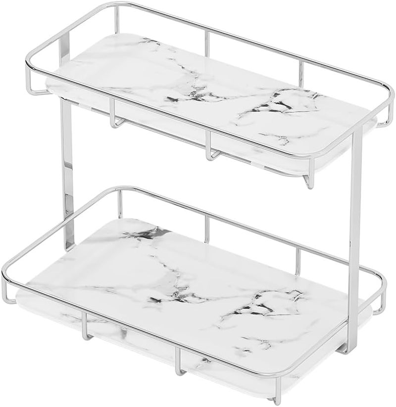 Dobbyby Bathroom Organizer Countertop Perfume Organizer Makeup Organizer Cosmetics Storage Display Rack Vanity Tray Dresser Stainless Steel Gold Shelf White Marble Ceramic Tray (2 Tier L-Sliver) - Image 4