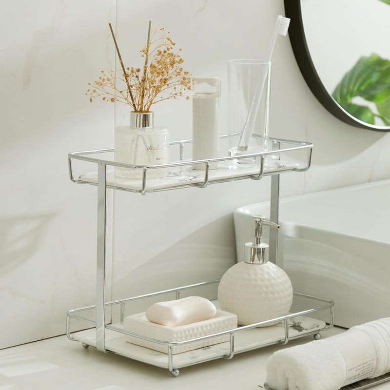 Dobbyby Bathroom Organizer Countertop Perfume Organizer Makeup Organizer Cosmetics Storage Display Rack Vanity Tray Dresser Stainless Steel Gold Shelf White Marble Ceramic Tray (2 Tier L-Sliver) - Image 1