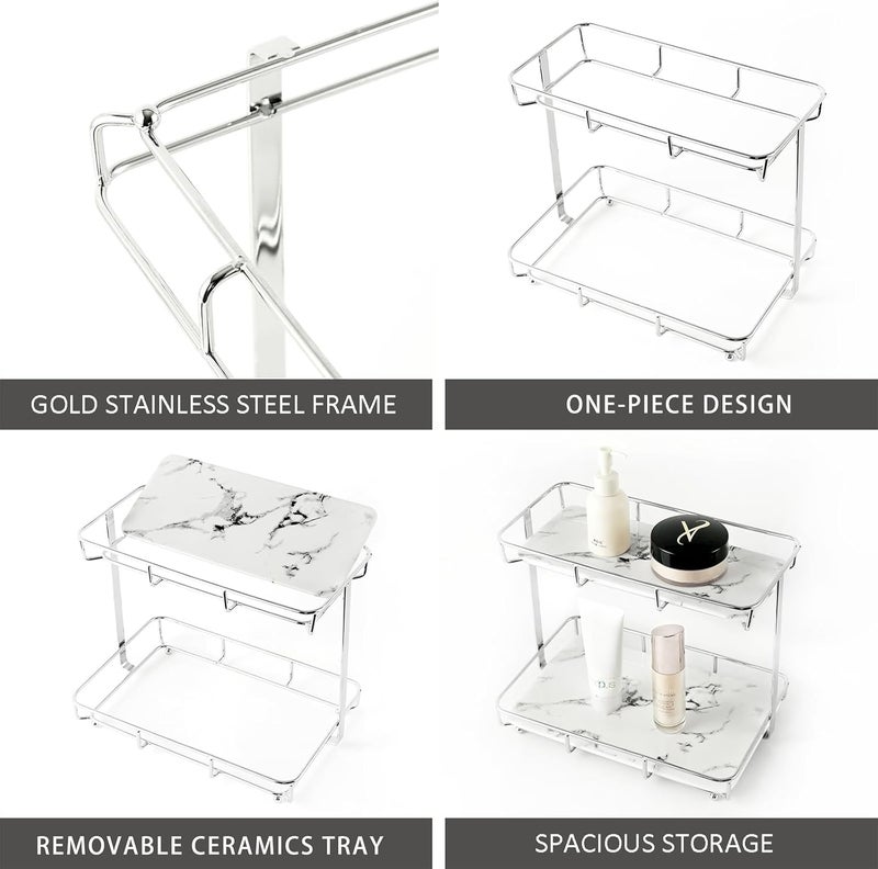Dobbyby Bathroom Organizer Countertop Perfume Organizer Makeup Organizer Cosmetics Storage Display Rack Vanity Tray Dresser Stainless Steel Gold Shelf White Marble Ceramic Tray (2 Tier L-Sliver) - Image 5