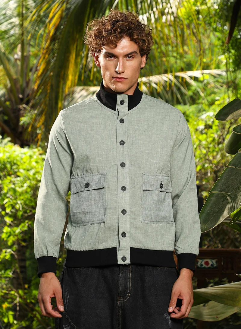 Campus Sutra Campus Sutra Men's Sage Green Tactile-Utility Bomber Jacket For Casual Wear | High Collar | Long Regular Sleeves | Button Closure | Jacket Crafted With Comfort Fit For Everyday Wear