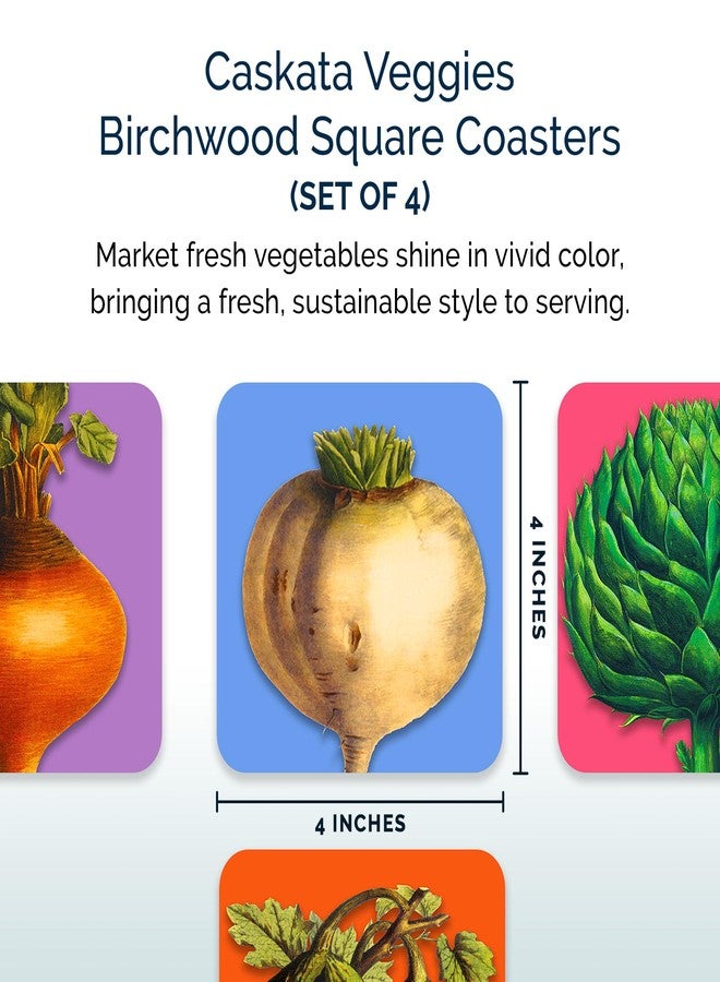Caskata Veggies Birchwood Square Coasters, Boxed Set of 4 | Birchwood and Wipeable Melamine | Perfect for Home, Entertaining, Gifts | Blue and White, 4W X 4L - Image 2