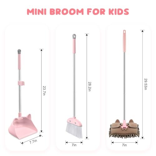nacena Mini Broom with Dustpan & Mop for Kids, 28-in Handle Kids Brooms and Dustpan Set for Toddlers Cat-Shaped Children Broom and Cleaning Set Boys Girls Small Housekeeping Helper Sets, Pink - Image 2