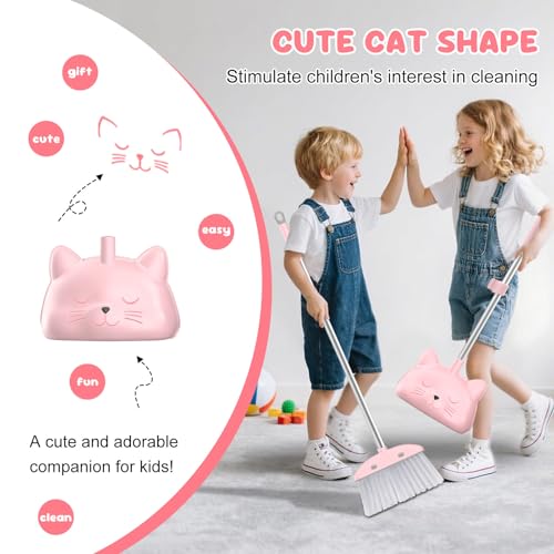nacena Mini Broom with Dustpan & Mop for Kids, 28-in Handle Kids Brooms and Dustpan Set for Toddlers Cat-Shaped Children Broom and Cleaning Set Boys Girls Small Housekeeping Helper Sets, Pink - Image 4