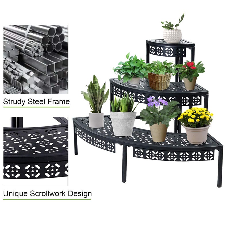 Garden 4 you 3 Tier Plant Stand Semi-Circular Flower Pot Organizer Rack Quarter Round Plant Display Holder Outdoor Storage Shelves Metal Corner Shelf Planter Shelving Ladder Plant Stand for Indoor Use(Black) - Image 5