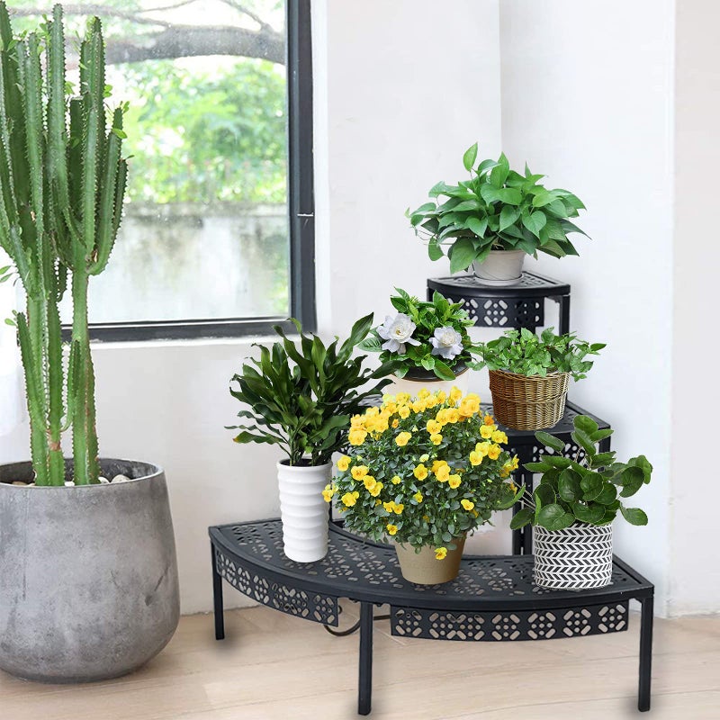 Garden 4 you 3 Tier Plant Stand Semi-Circular Flower Pot Organizer Rack Quarter Round Plant Display Holder Outdoor Storage Shelves Metal Corner Shelf Planter Shelving Ladder Plant Stand for Indoor Use(Black) - Image 3