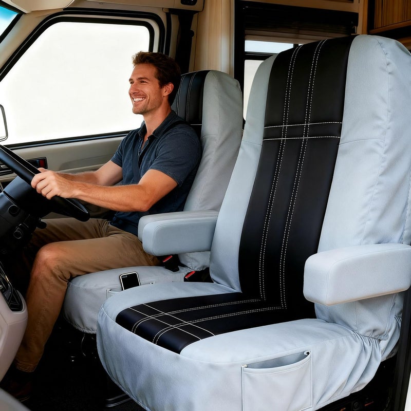 BeadChica RV Seat Covers Captains Chairs,Motorhome Seat Cover 2PCS for Class-A RV Seat with Arm Rest Covers (Black&Grey) - Image 3