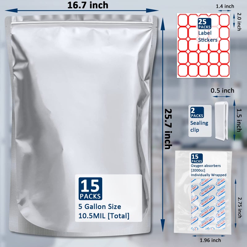 Sukerle 15 Pack 5 Gallon Mylar Bags with Oxygen Absorbers - 10.5 Mil Mylar Bags for Food Storage with 15 Single Sealed 2000cc Oxygen Absorbers & Labels & Clips - for Long Term Food Storage - Image 2