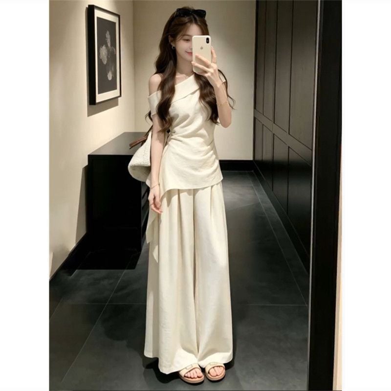 Fashion Summer Women's Set: Off-Shoulder Top with High-Waist Wide-Leg Pants - Image 3