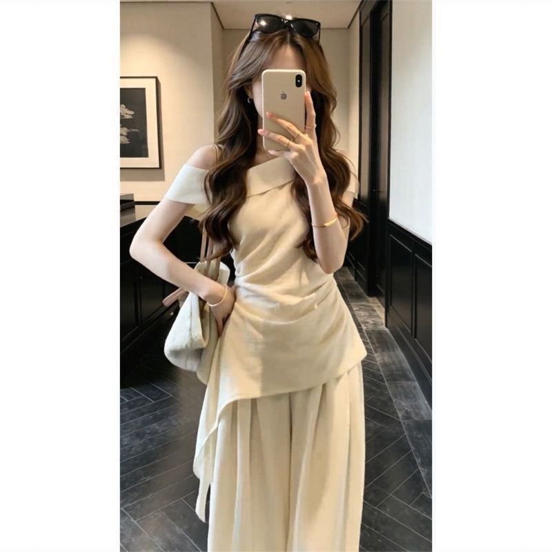 Fashion Summer Women's Set: Off-Shoulder Top with High-Waist Wide-Leg Pants - Image 4