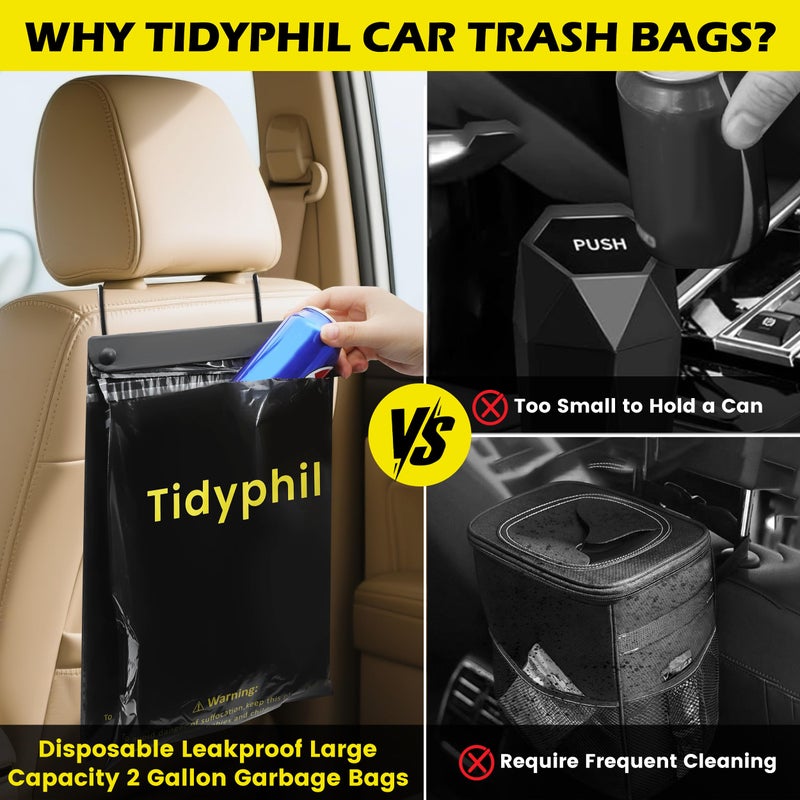 Tidyphil 50 PCS Disposable Car Trash Bags Hanging, Leak-proof, Odor Seal. 2 Gallon Car Garbage Bags, Big Capacity. Independent of Car Trash Can, Easy Stick-On Car trash Bin for Car, SUV, Truck, Stroller. Black - Image 2