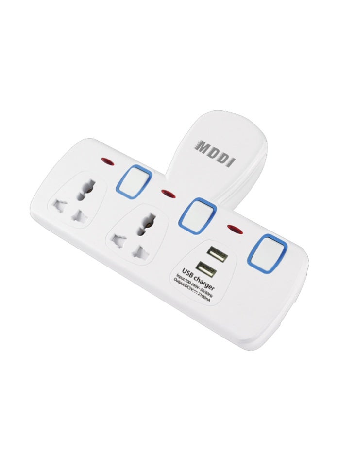 MODI Wall Plug Adapter – 2 Universal Sockets with 2 USB Charging Ports – Individual Switches & LED Indicators, Multi Plug Extension for Home, Office & Travel – White