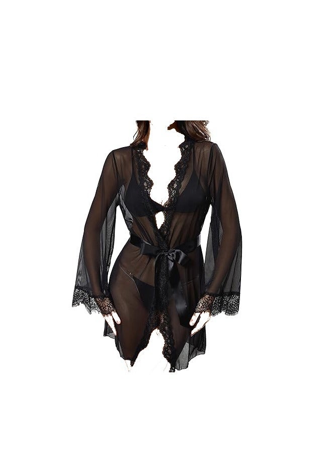 Women Lace Trim Long Sleeve Belted Short Sheer  Kimono Robe  - Image 1