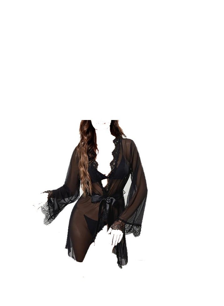 Women Lace Trim Long Sleeve Belted Short Sheer  Kimono Robe  - Image 2