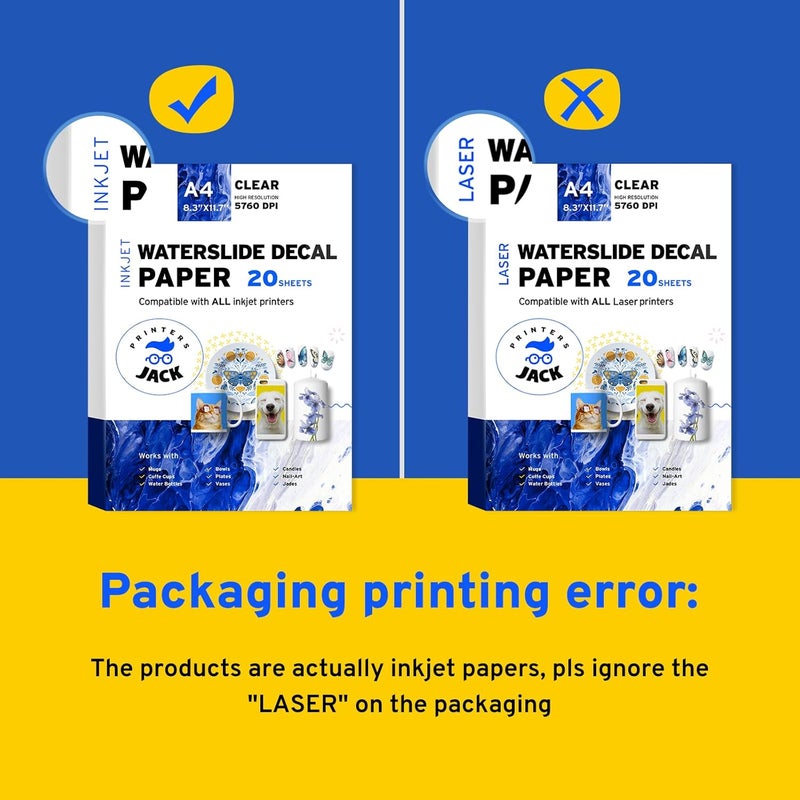 Printers Jack ورق ملصقات مائية للطباعة بالحبر 20 ورقة بحجم A4 ورق نقل مائي متميز شفاف قابل للطباعة ملصقات مائية للأكواب، الأكواب الزجاجية، هدايا عيد الميلاد DIY - Image 2