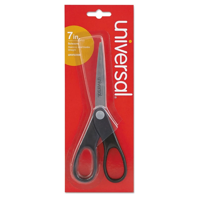 Universal UNV92008 7 in. Long 3 in. Cut Length Stainless Steel Pointed Tip Office Scissors - Black Straight Handle - Image 1