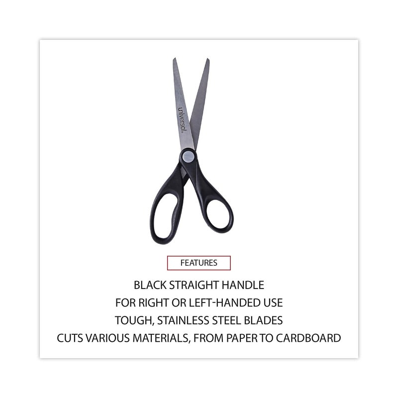 Universal UNV92008 7 in. Long 3 in. Cut Length Stainless Steel Pointed Tip Office Scissors - Black Straight Handle - Image 3