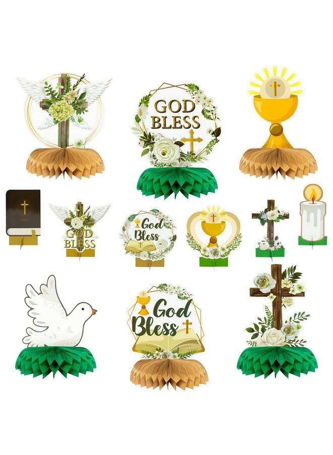ANGOLIO 12 God Bless Party Honeycomb Baptism Table Centerpieces Peace Pigeon Centerpieces First Communion Christian Party Table Decorations Sage Green Gold Cross For Christmas Baby Shower Photo Props - Image 1