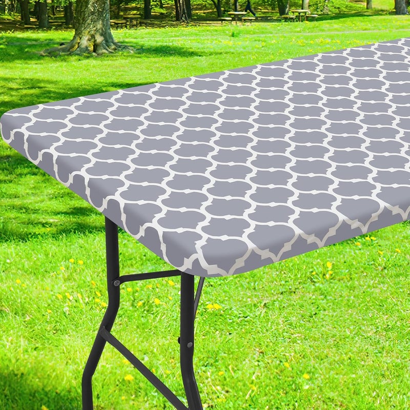 smiry Rectangle Picnic Table Cover, Waterproof Elastic Fitted Camping Tablecloths for 4 Foot Tables, Wipeable Flannel Backed Vinyl Tablecloth Protector for Indoor, Outdoor (Grey, 30x48 Inches) - Image 1