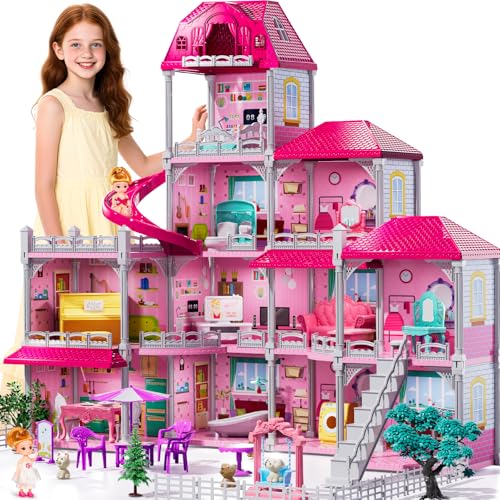 JUKUDAHU Villa Playset for Girls Ages 37 Indoor Playset Girls Toys for Ages 68 with 4 Storeys 11 Rooms 2 Dolls Furniture and Accessories Pretend Toddler Toy Birthday Gifts for Kids 3 4 5 6 7 8 - Image 1