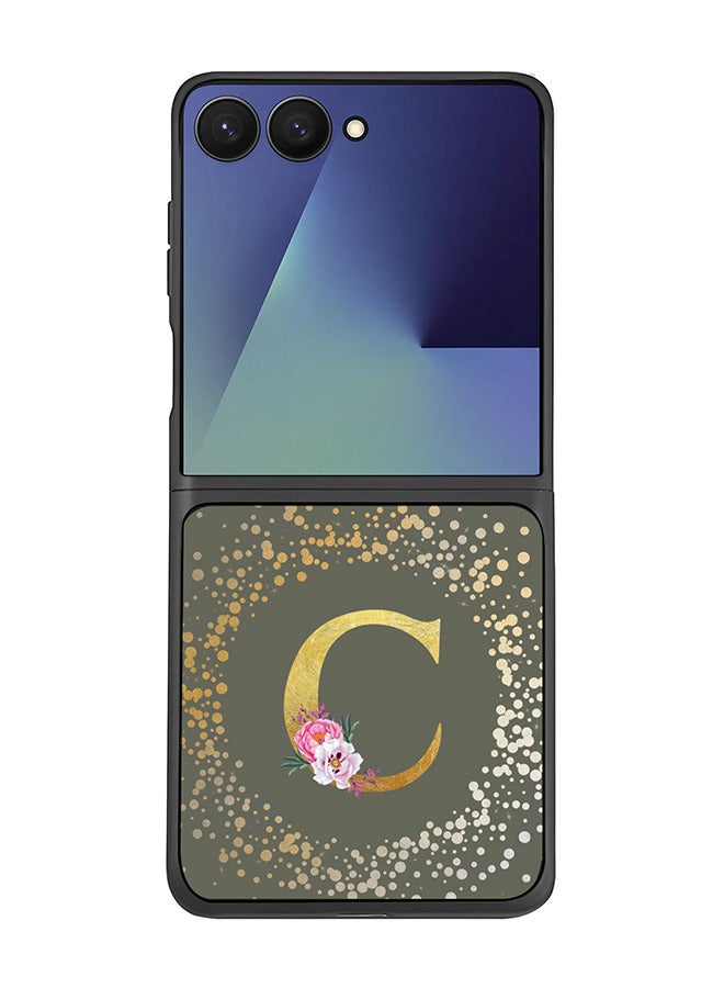 Stylizedd For Samsung Galaxy Z Flip7 Case,Slim fit Camera Protection, Shockproof Thin Phone cover  - Custom Monogram Floral - C  (Olive Green )