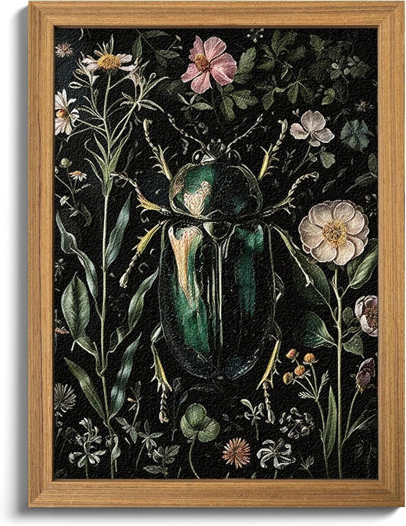 AKWISH Framed Vintage 3D Textured Wall Art - Gothic Dark College Beetle Wall Decor - Hand Drawn Sandstone Nature Botanical Pictures for Living Room Bedroom Home Decor 8x10in - Image 1